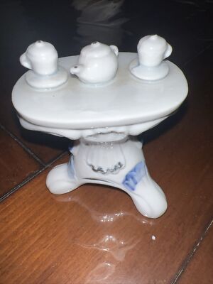 Doll House Porcelain Table TEA FOR TWO White Blue 3'' Vintage
