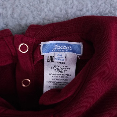 Jacadi Sweater Girls 4A 4 Red Bow Collar Split Bib Snap Back Fleece Long Sleeve - Picture 3 of 10