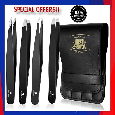 PROFI SPITZE SCHRÄGE PINZETTE SET FÜR AUGENBRAUEN WIMPERN ZUPFERN + ETUI