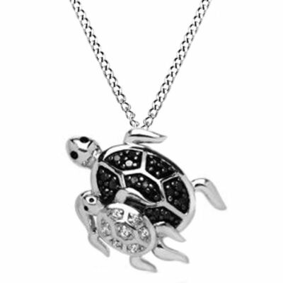 1/10 Ct Real Black & White Diamond Turtle Pendant In Sterling Silver