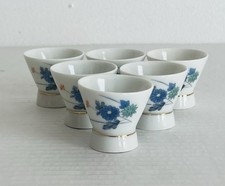 Vintage OMC Otagiri Japan set of 6 Sake Cups Blue Floral White Porcelain in Box