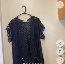 Val Mode Black Lace Short Sleeve Robe with Bow Accents