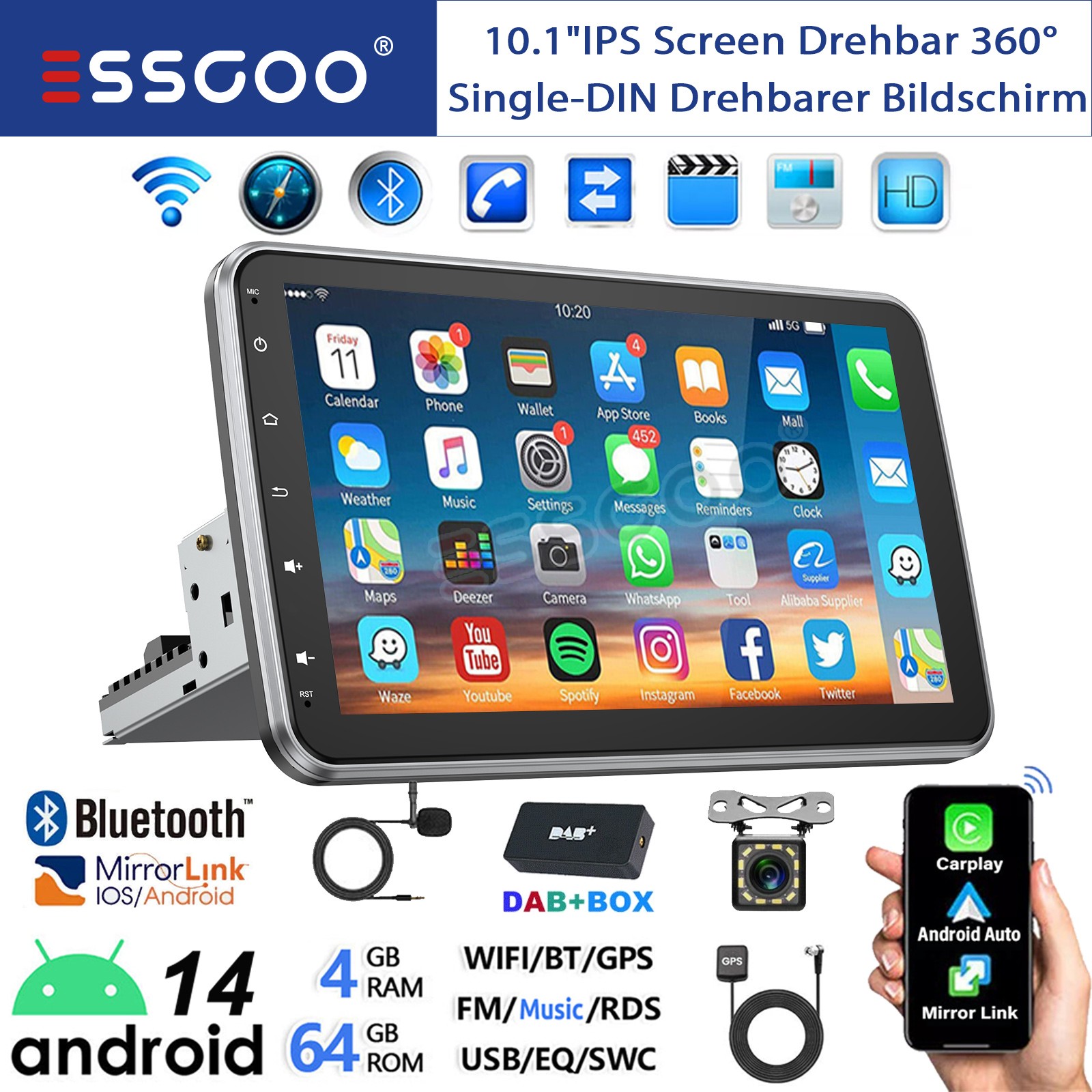 Autoradio DAB+ Carplay GPS 1 DIN Android 15
