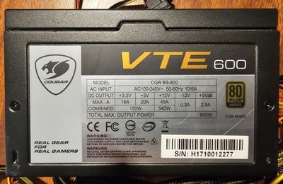 COUGAR VTE600 600W ATX Power Supply 80 PLUS Bronze 20+4 Pin Black Used