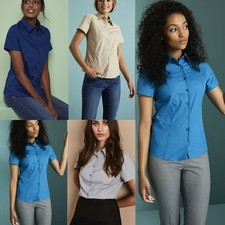 Womens Ladies Fitted Shirt Blouse Short Sleeve Work Office Uniform Workwear