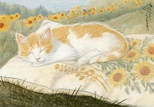 ACEO orig. pastel drawing sleeping ginger cat , pillow, sunflowers by Anna Hoff