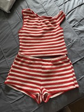 Red White Striped Crochet Sleeveless Top Shorts Set, Summer Bohemian