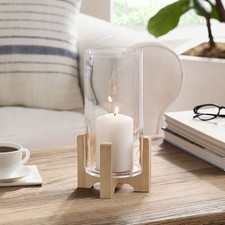 Glass Hurricane Candle Holder with Wood Stand, Large, 11.5 In
