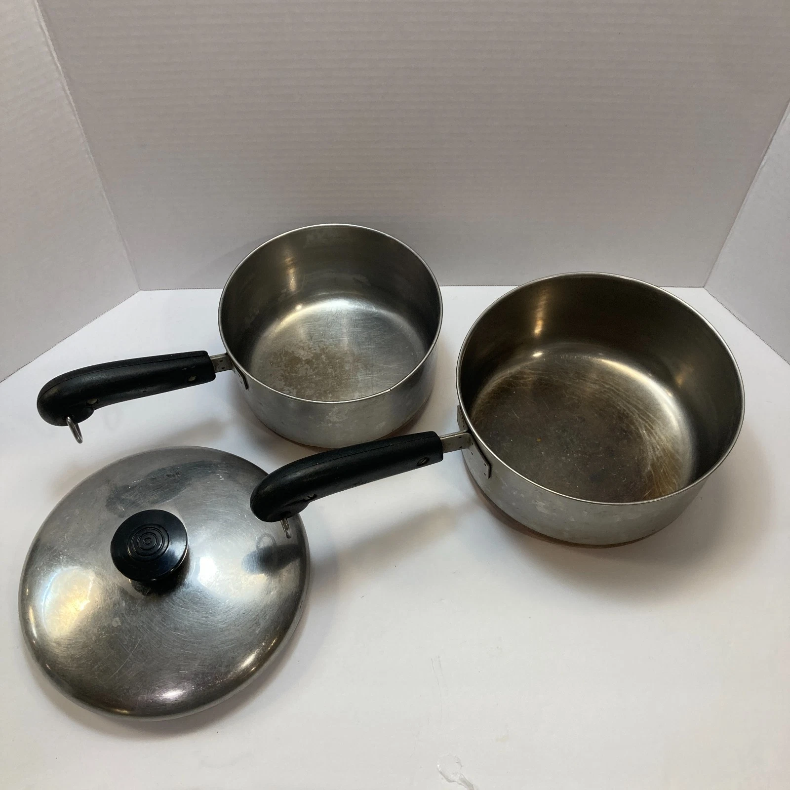 🥘 Vtg Revere Ware 2 PC Sauce Pan Set Copper Bottom w/ 1 Lid