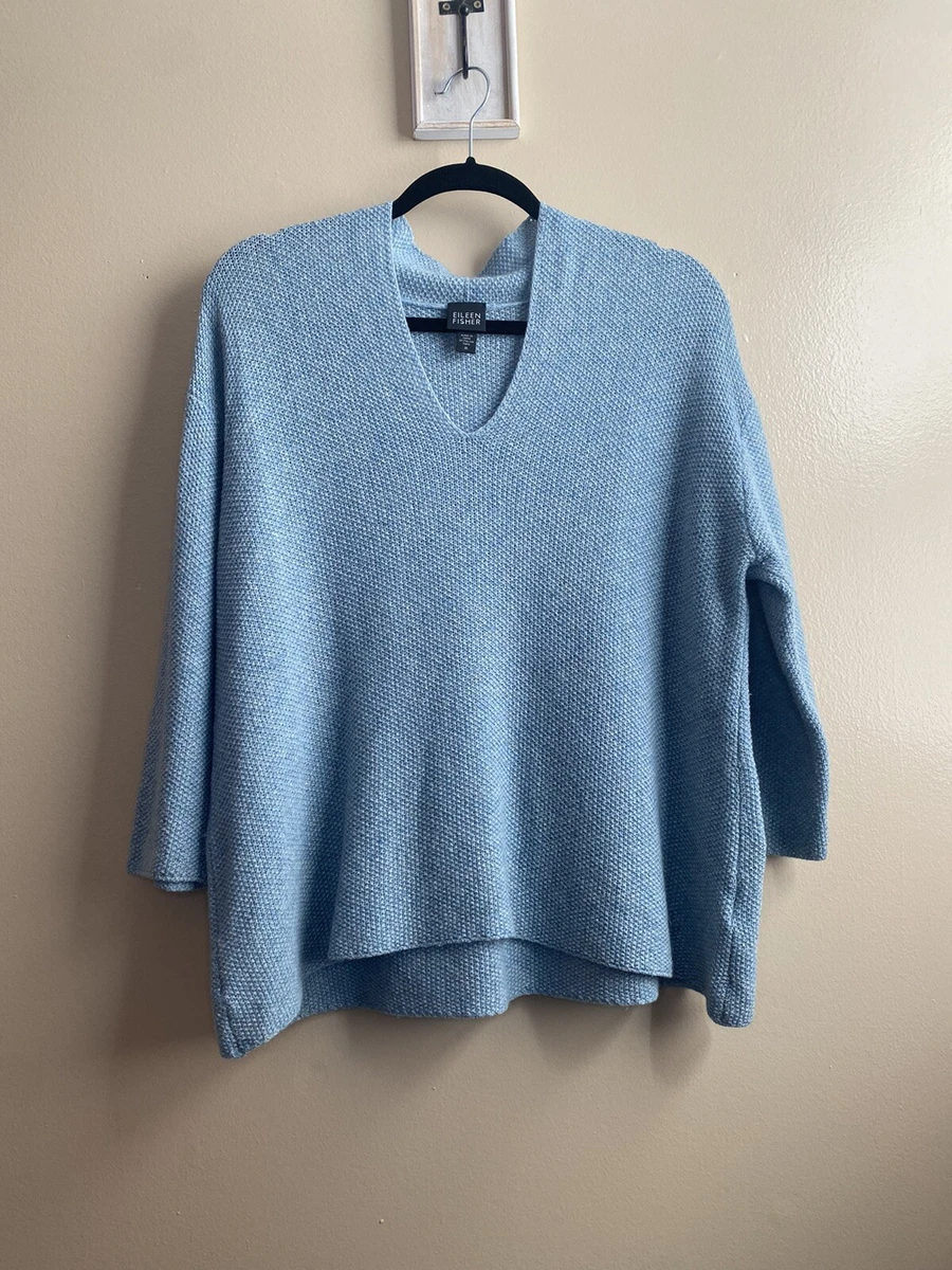 Eileen Fisher V-neck Blue Wool Silk Blend Knit 3/4 Sleeve Relaxed Fit Sweater M