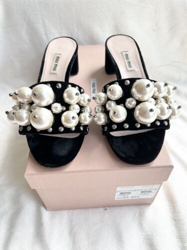 MIU MIU 100 authentic mules slide black pearls 38 