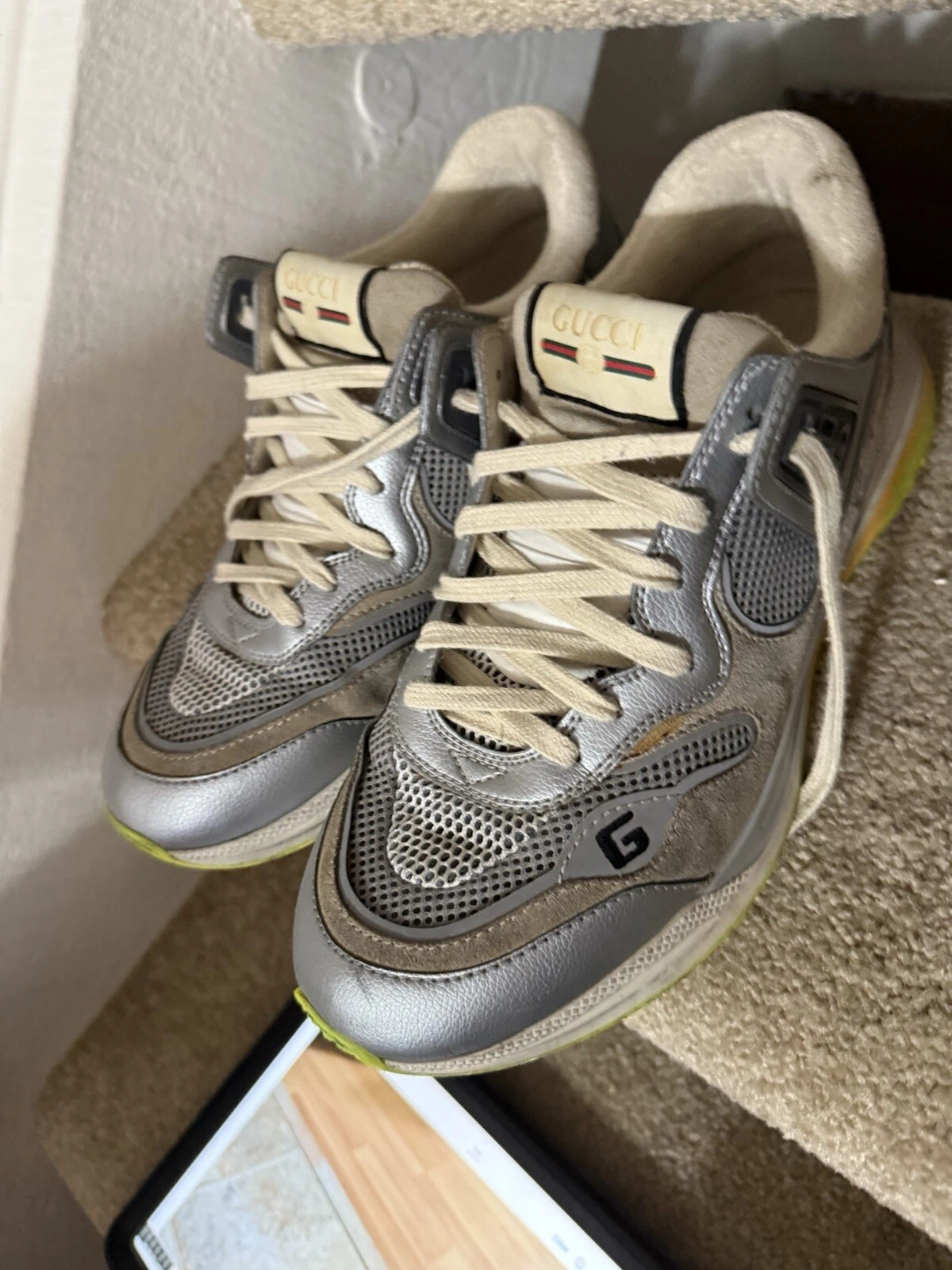Auth Gucci Ultrapace Baskets Argent Métallisé Homme G 9 US 10