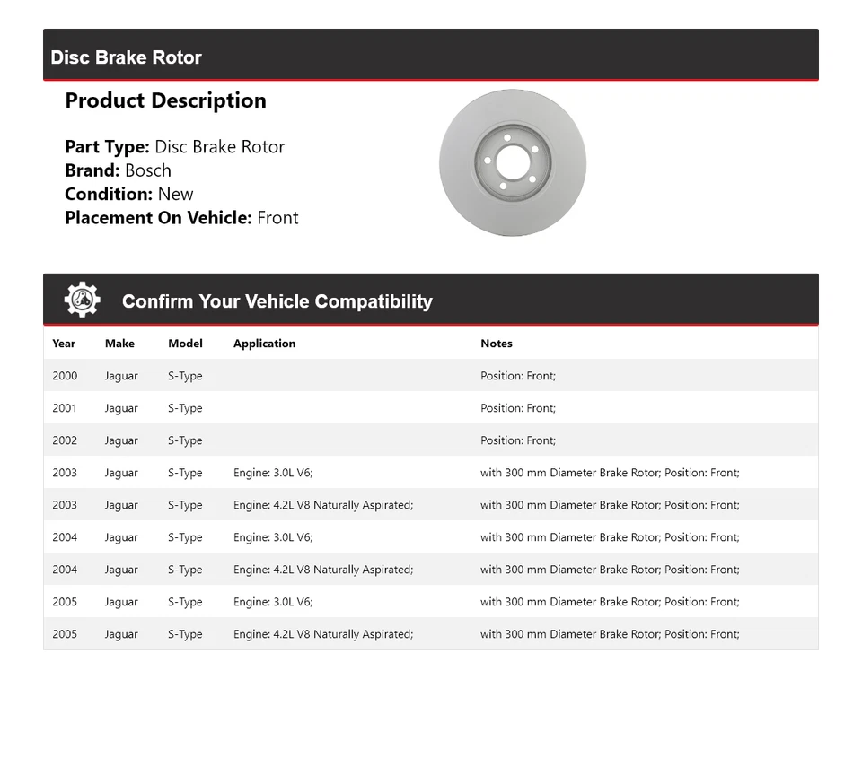 Rotor de freno de disco delantero para Jaguar S-Type Bosch QuietCast 2000-2005 2001 2002 Foto 2 de 4