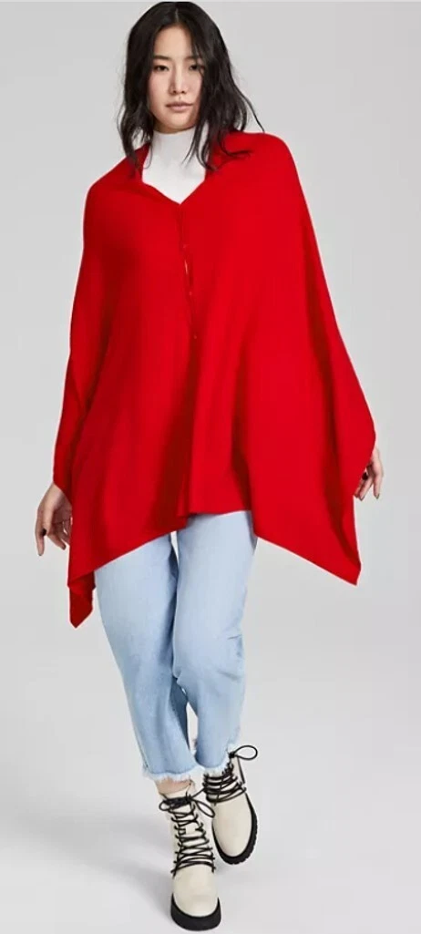 NWT Charter Club Women One Size 100% Cashmere Button-Up Poncho Calypso Red $189