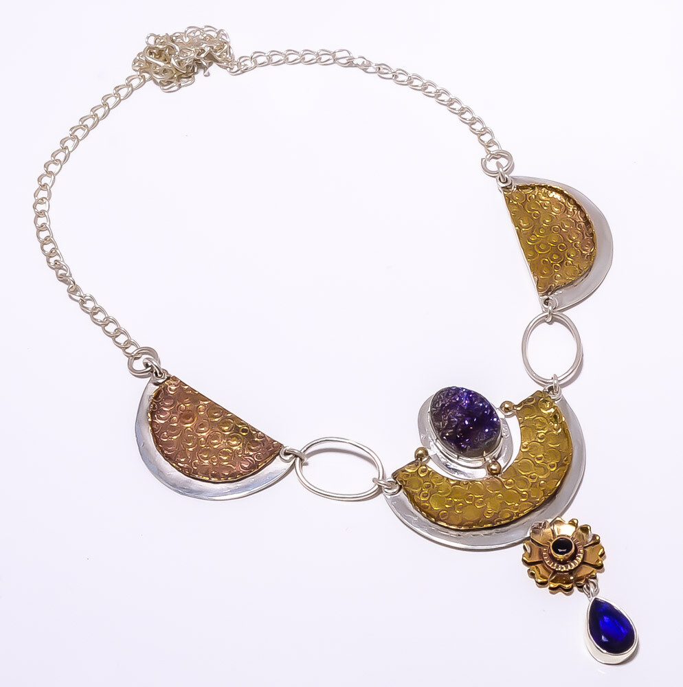 Titanium Blue Agate Drusy Two Tone Sterling Silver Necklace 17.99 Inches  