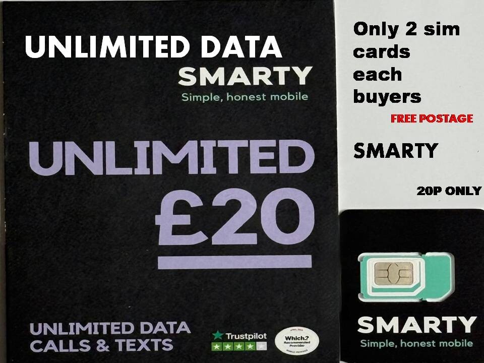 NEW Latest Smarty Mobile Unlimited Calls Texts 100GB £12 OR 30GB £10, UNLI 20 p