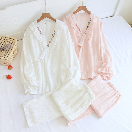 Damen Kuschelig Baumwolle Kimono Nachtwäsche Stickerei Japanisch Pyjama Set Langarm - Bild 6 von 22