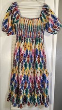 THML Dress Abstract Colorful Midi Smocked Puff Sleeves Lined Women s Size L
