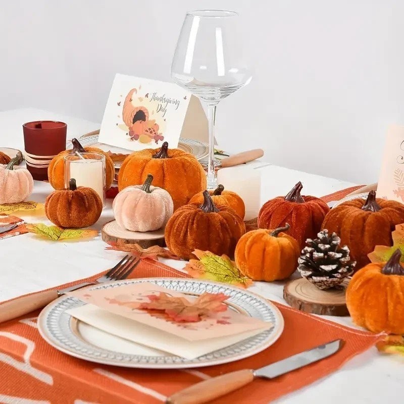 Rustic Set 15 Velvet Pumpkins Table Decor Autumn Fall Seasonal Halloween Party image 4