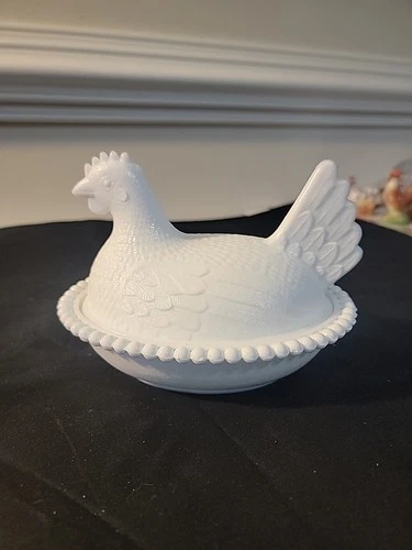 Indiana Milk Glass Hen on Nest Beaded Edge Covered Dish White Vintage Chicks