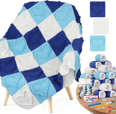 Crochet Blanket Kit for Beginners - 3D Love Granny Square Crochet Kit with Step-