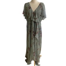 ASOS Sz 14Sage Green Floral Chiffon Ruffle Capelet V-Neck Maxi Dress Wedding NWT