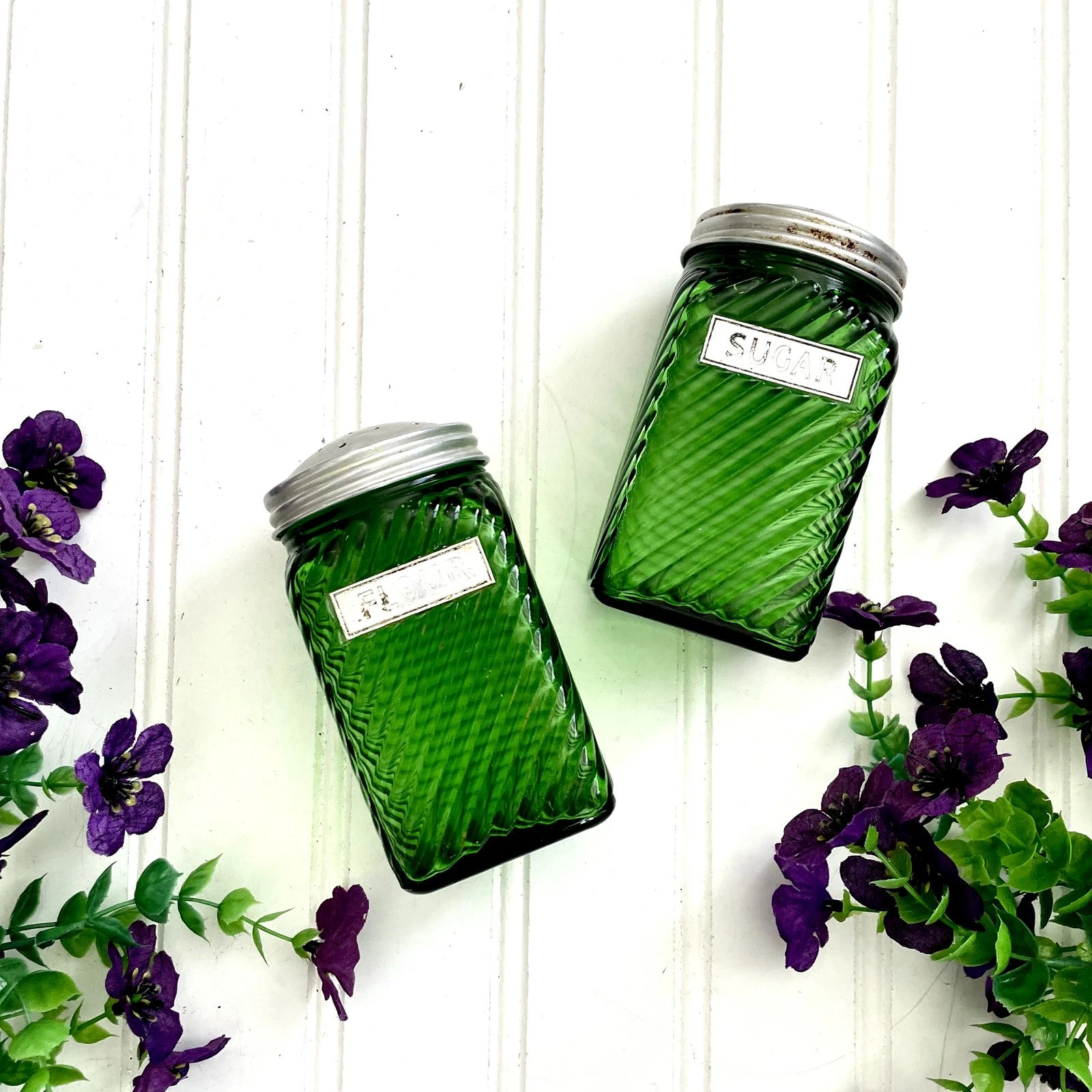 Vintage 1930s Owens Illinois Green Hoosier Glass Ribbed Swirl Jars SUGAR + FLOUR