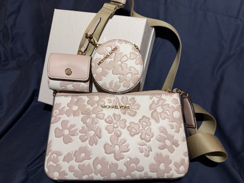 Michael Kors Sm Sequin Floral Crossbody Jet Set w/ coin purse and AirPod case