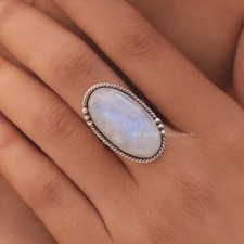Natural Rainbow Moonstone Ring 925 Sterling Silver Blue Fire Stone Ring