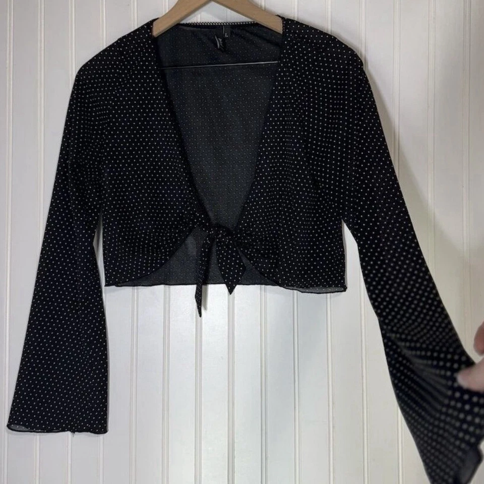 Top corto Trixxi a lunares con corbata frontal L negro blanco manga larga gótica coqueta Y2K Foto 4 de 4