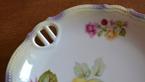 Antique Porcelain Pink & Yellow Rose Handled Serving Plate PK Silesia 9 1/4" - Picture 2 of 12