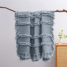 50x60" Dark Blue Quilted Throw Blanket Ruffle Fringed Stone Washed Rustic