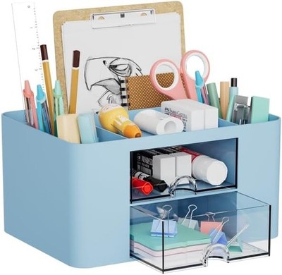 Marbrasse Schreibtisch Organizer mit 7 Fächer 2 Schubladen, Stiftehalter, blau