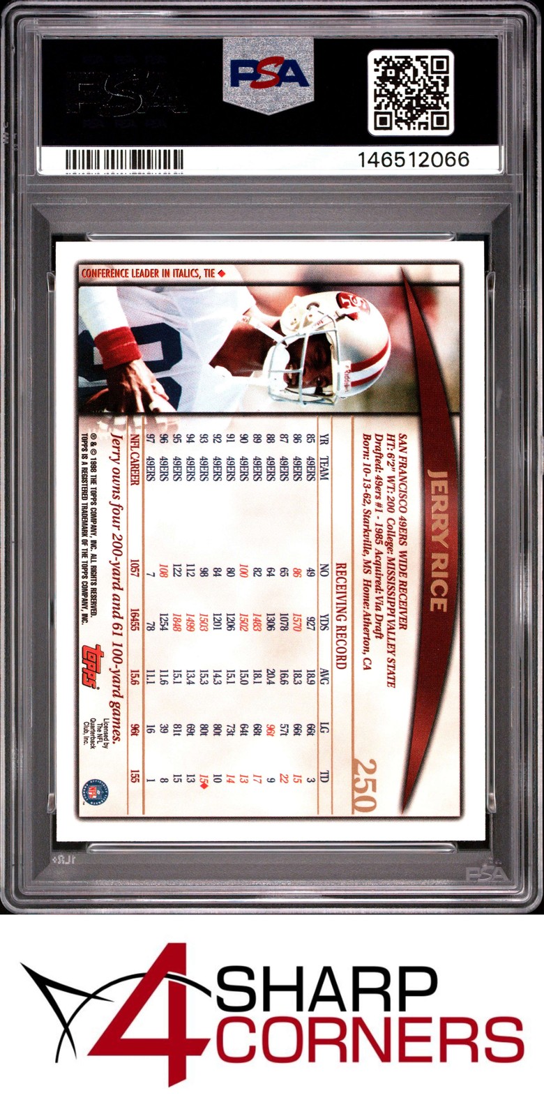 1998 TOPPS #250 JERRY RICE 49ERS HOF PSA 10 view 2