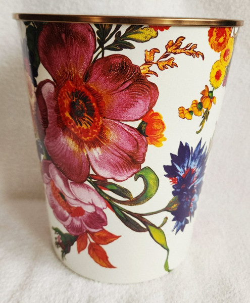 Cubo de basura esmaltado Mackenzie Childs White Flower Market nuevo con etiquetas retirado (NOS)