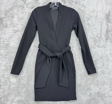 ASOS Dress Womens 2 Stretch Knit Sheath Attached Belt V Neck Mini Bodycon Black