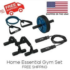 Home Gym Essentials Kit, Jump Rope, Push-Up Bars, Ab Wheel and Ressistance Tubes