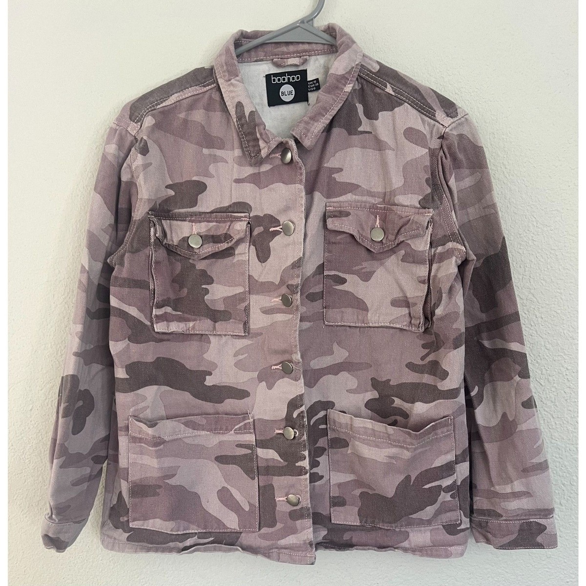 Boohoo Blue Womens Camo Print Denim Jacket Purple Size US