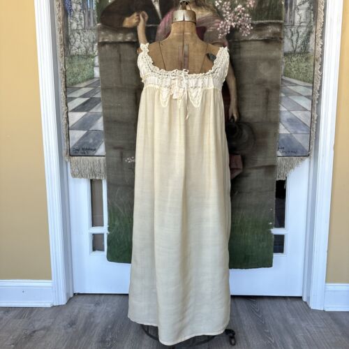 Antique 1920s Beige Pongee Silk Crepe Ribbon Work Night Gown Lingerie Slip Dress