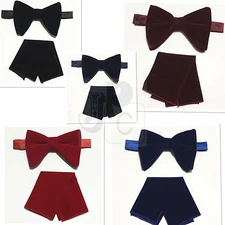 Men's Long Velvet Solid Pretied Butterfly Bow Tie And Pocket Sqaure Hanky Set