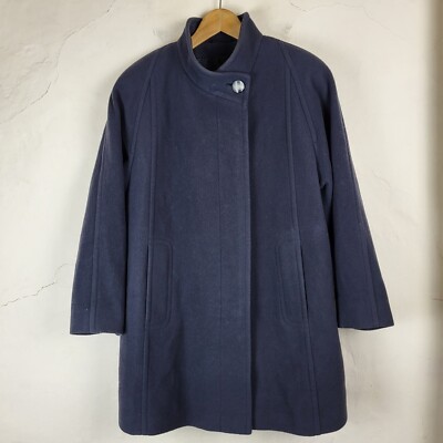 St Michael's Womens UK14 Vintage Wool Overcoat Blue Woven Button Winter Jacket