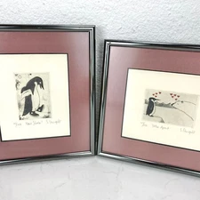 Susan Sturgill Penguin Etchings “New Shoes” “Poles Apart” Signed Numbered Framed