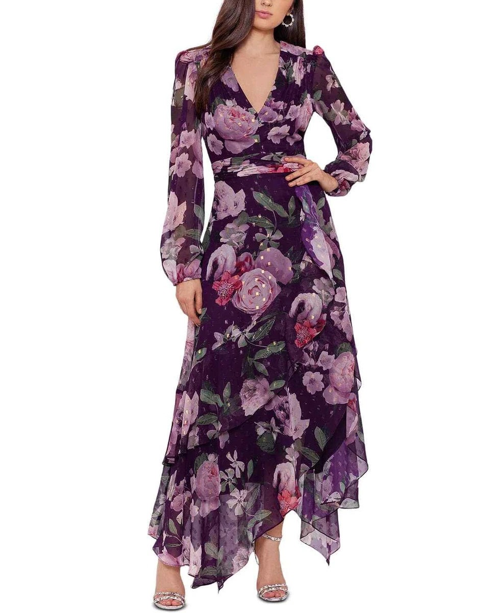 XSCAPE Women s Purple Floral Print Maxi Dress 4 Purple eBay