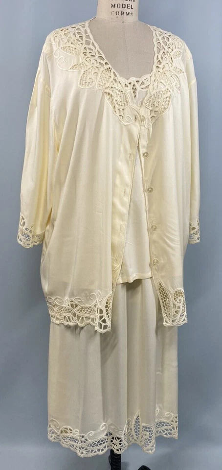 Conjunto de Vestido Vintage TALLA 2X Para Mujer Plus Marfil Rayón Encaje BALI ESMERALDA Casa Años 90 Foto 3 de 4