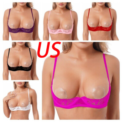 US Womens Sexy Floral Lace 1/4Cups Bra Top Open Cup Push Up Underwire Brassiere