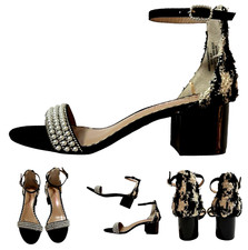 Betsey Johnson ANELLA Beaded Block Heel Sandal Womens Sz 6.5 M Black White NEW