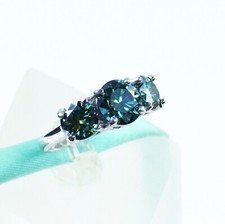 Greenish Blue Moissanite 3 Stone Engagement Ring Sterling Silver, Total 4Carat