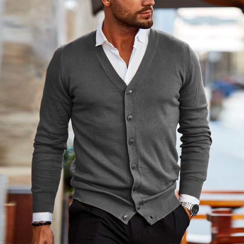 Mens Knitted V Neck Cardigan Coat Long Sleeve Buttons Sweater Jacket Plus  Size | eBay