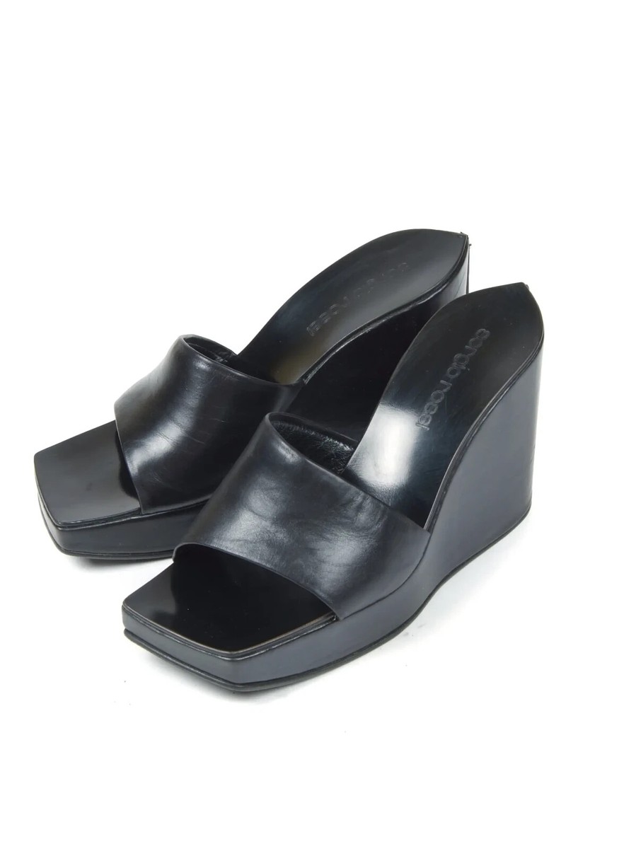 Sergio Rossi (37.5) ミュール Women's Sergio Rossi Wedge Black Leather Mules Sandals Shoes