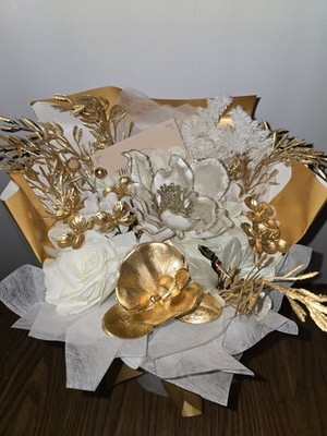 Preserved Flowers Bouquet, Platinum Faux Rose Floral Arrangement, White & Gold